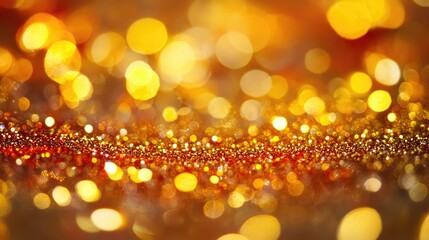 Aufkleber - Glittering golden dust with glowing yellow and orange bokeh circles, enhanced by warm red tones, creating a festive and luxurious abstract background