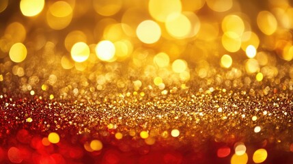Aufkleber - Glittering golden dust with glowing yellow and orange bokeh circles, enhanced by warm red tones, creating a festive and luxurious abstract background