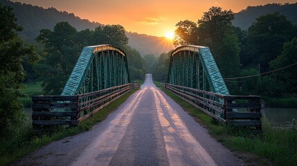 Wall Mural - Scenic sunset view of a rustic green metal bridge over a river, leading to a country road.