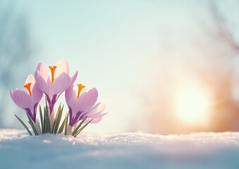 Poster - Serene Sunrise and Blooming Crocuses in Snow