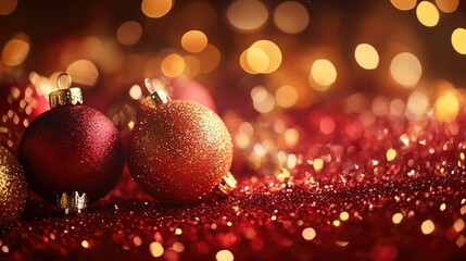 Aufkleber - Glowing abstract holiday background with sparkling golden dust, soft yellow bokeh circles, and warm red-orange tones for a luxurious festive look