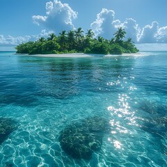 Wall Mural - vibrant tropical island with pristine beach and crystal clear water reflecting sunlight