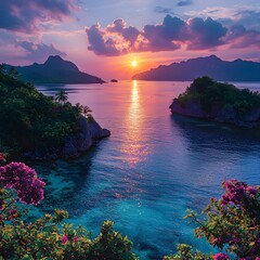Wall Mural - scenic tropical island overlook with vibrant sunset sky and crystal clear waters