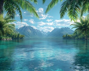 Wall Mural - lush tropical island framed by crystal clear turquoise waters and distant mountains