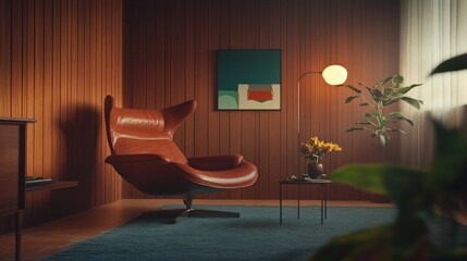 Wall Mural - Mid-century modern living room with leather armchair, wooden wall, and abstract art.