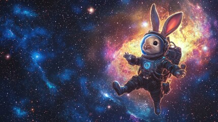Wall Mural - astronaut bunny exploring colorful galaxy with cosmic background, adorned with bright stars and nebu