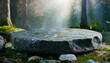© SalmanStock - A flat stone podium in the magical forest , empty round stand background