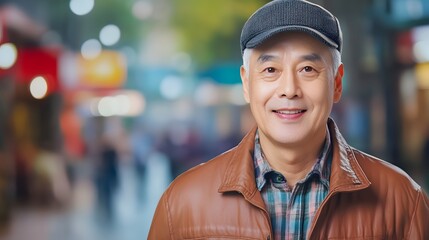 Smiling middle aged Asian man in casual attire confidently walking on a bustling city sidewalk exploring the dynamic urban environment around him