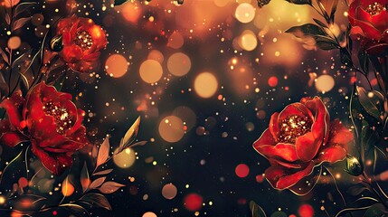 Aufkleber - Luxurious abstract holiday background with golden sparkle dust, glowing yellow bokeh, and red-orange hues, designed as a vector illustration