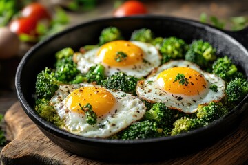 Sticker - Fried eggs with broccoli in a cast iron pan for a healthy breakfast