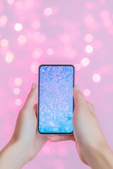 Leinwandbilder - Vibrant Neon Mobile Experience Typing on Smartphone with Pink Background