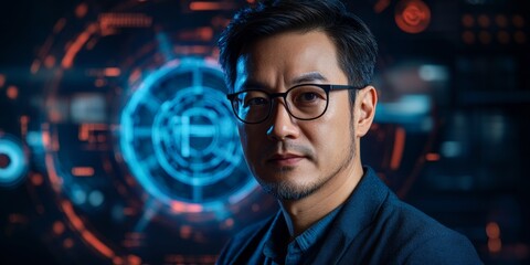 Poster - Confident Middle-Aged Asian Man with Cyber Shield in Digital World