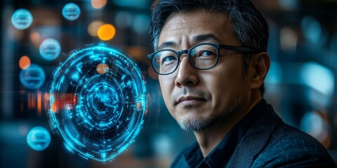 Poster - Confident Middle-Aged Man in Cybersecurity Environment with Digital Shield