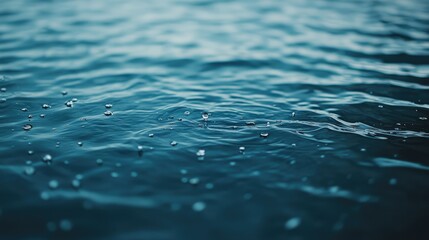 Poster - Rain droplets falling onto the surface of blue water, creating delicate ripples that spread across the water, ideal for serene nature photography