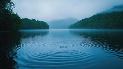 Poster - Rain hitting the surface of still blue water, forming gentle circular ripples, perfect for capturing the beauty of rainfall in nature