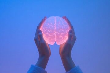 Poster - Hands Holding Glowing Brain Symbol in Soothing Blue Light