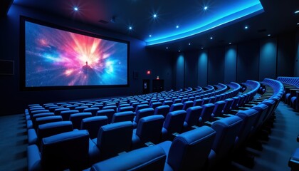 Poster - Modern cinema hall with blue seats. Big screen shows digital video. Empty seats. Great entertainment place. Enjoy digital movies. Modern tech cinema experience. Dark interior. Comfortable seating.