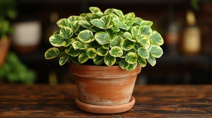 Wall Mural - Variegated houseplant in terracotta pot on wooden surface.