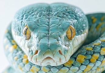 Poster - Close-Up of a Colorful Snake with Unique Green and Yellow Scales Captured in High Detail Against a Soft Background