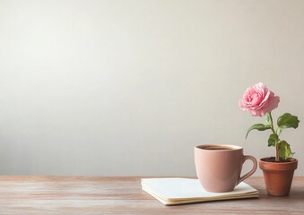Poster - Calm Workspace with Coffee, Journal, and Plant for Mindful Productivity