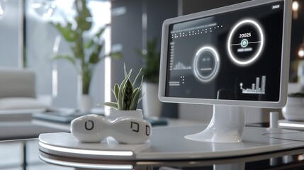 Poster - sales growth targets displayed as upward-trending bar graphs and line charts on a futuristic business dashboard in a sleek office environment. year 2025 business growth goals 