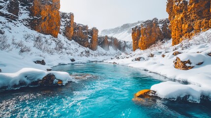 Wall Mural - Vivid blue river flows through a snowy canyon with orange rock walls.