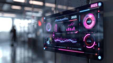 Poster - Dynamic sales dashboard featuring vibrant bar charts, pie graphs, and trend lines in a modern digital workspace.  year 2025 business growth goals 