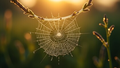 Dew Kissed Spiderweb at Sunrise Nature s Intricate Design in Golden Light