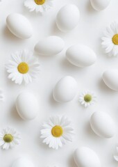 Poster - Minimalistic Springtime Easter White Eggs and Daisies on Clean White Background