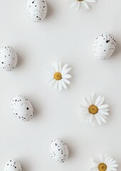 Poster - Minimalist Easter Decor with Daisies and Speckled Eggs on White Background