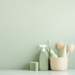 Poster - Minimalist Spring Cleaning Essentials in Pastel Tones on Soft Green Background