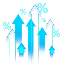 Poster - Blue arrows and percentage signs pointing up on a white background, symbolizing growth, success, and progress. Minimalist design concept
