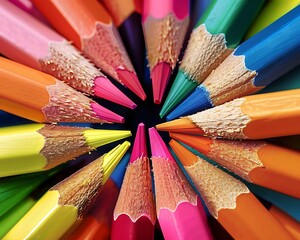 Circular pattern of colorful pencils, vibrant colors and textures, softly blurred background, ideal for children's art projects.