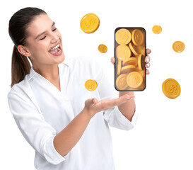 Poster - Smiling woman holding a smartphone projecting golden coins, surrounded by floating coins, on a white background. Concept of digital finance success