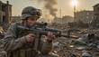 © Alina - Soldier aiming rifle in urban war zone