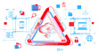 © ImageFlow - Abstract illustration of cloud storage, featuring a red and blue geometric triangular frame, icons for digital files, and a white background