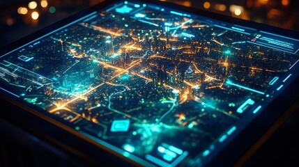 Fototapete - Interactive Digital Map Display of a Futuristic Smart City with Neon Blue and Green Connectivity