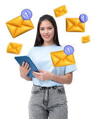Poster - Woman holding a blue tablet, surrounded by yellow email icons with notification badges. Isolated on a white background, concept of communication