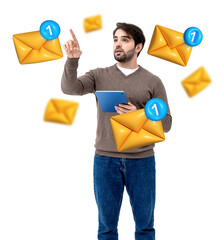 Poster - A man holding a tablet interacts with floating email icons on a white background, representing communication and digital messaging concepts