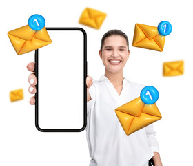 Poster - Smiling woman presenting smartphone with blank screen, surrounded by floating email icons with notification badges, on clean white background