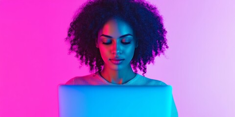 Poster - Young Woman Coding in Neon Light | Vibrant Tech Culture Stock
