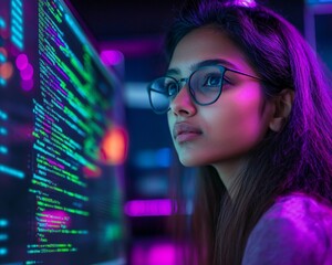 Poster - Focused Young Woman Programming in Neon-Lit Room – Modern Tech Learning Style