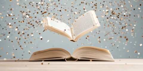 Aufkleber - Enchanting Literary Dreamscape Floating Book with Swirling Pages in Golden Light