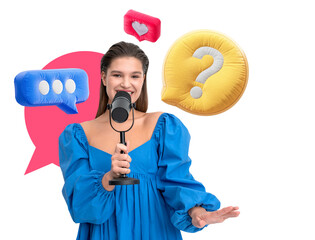 Poster - Woman in blue dress holding microphone, surrounded by colorful chat bubble icons. Isolated on white background. Concept of communication