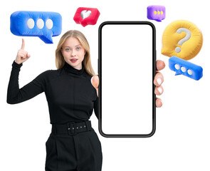 Poster - Woman pointing at colorful chat icons, holding a smartphone with a blank screen. Isolated on white background, concept of social media interaction