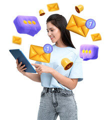Poster - Woman holding tablet, surrounded by colorful email, notification, and chat icons. White background. Concept of digital communication and messaging