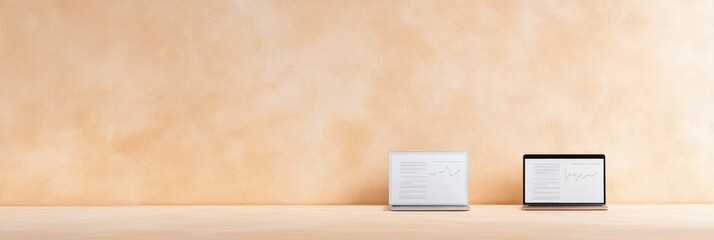 Fototapete - Minimalist Workspace with Laptops Displaying Financial Graphs and Mortgage Documents