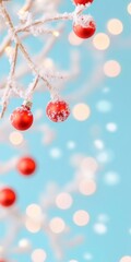 Poster - Snow-Dusted Branches with Glowing Ornaments Against a Blurred Holiday Background
