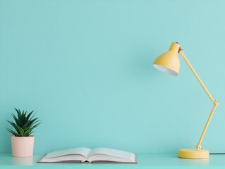 Poster - Tranquil Study Setup Open Book with Pastel Lamp on Minimalist Desk