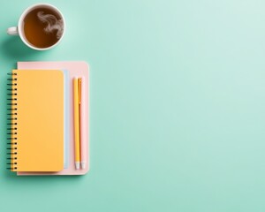Poster - Flat Lay of Pastel Academic Tools with Tea and Notebooks on a Serene Mint Background